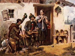Zitherspieler beim Stimmen, vor 1850 im Ausseerland, Steiermark