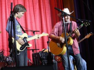 Rory Hancock (left) and Butch Hancock (right) at the Crystal Theatre, WoodyFest 2019