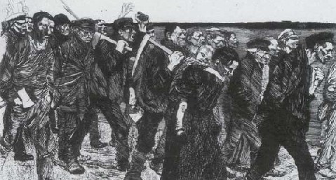 Aus allen Drfern des Eulengebirges waren die Weber mit ihren Frauen und Kindern herabgekommen. Die Weber trugen Stangen, Hacken, Knppel und xte. Das neue Lied ging von Mund zu Mund. [Kthe Kollwitz, Ein Weberaufstand, 1893-7]